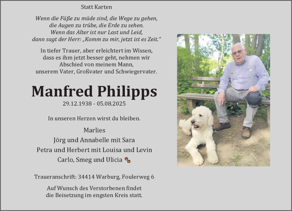  Traueranzeige für Manfred Philipps vom 23.08.2025 aus Neue Westfälische und Westfalen-Blatt