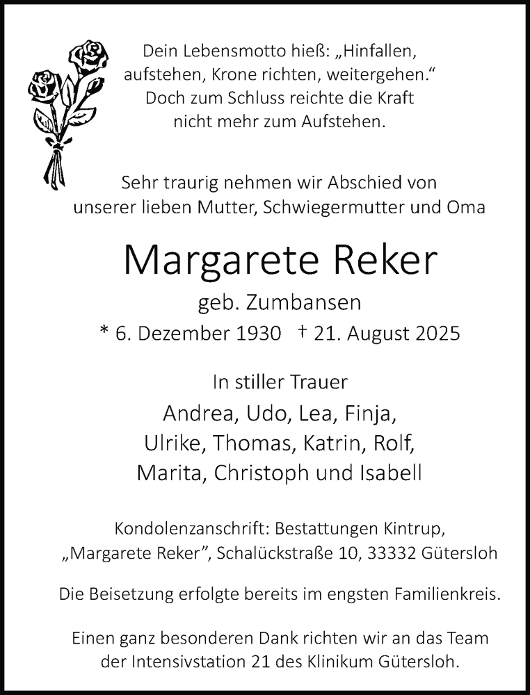  Traueranzeige für Margarete Reker vom 30.08.2025 aus Neue Westfälische und Westfalen-Blatt