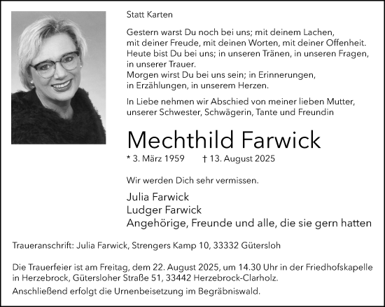 Traueranzeige von Mechthild Farwick von Neue Westfälische und Westfalen-Blatt
