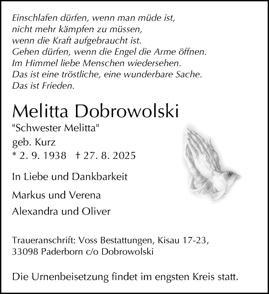  Traueranzeige für Melitta Dobrowolski vom 30.08.2025 aus Neue Westfälische und Westfalen-Blatt