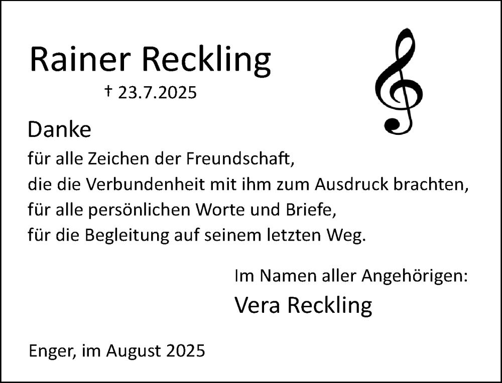  Traueranzeige für Rainer Reckling vom 30.08.2025 aus Neue Westfälische und Westfalen-Blatt