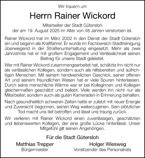 Traueranzeige von Rainer Wickord von Neue Westfälische und Westfalen-Blatt