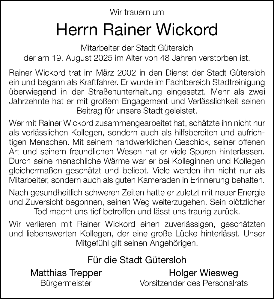  Traueranzeige für Rainer Wickord vom 23.08.2025 aus Neue Westfälische und Westfalen-Blatt