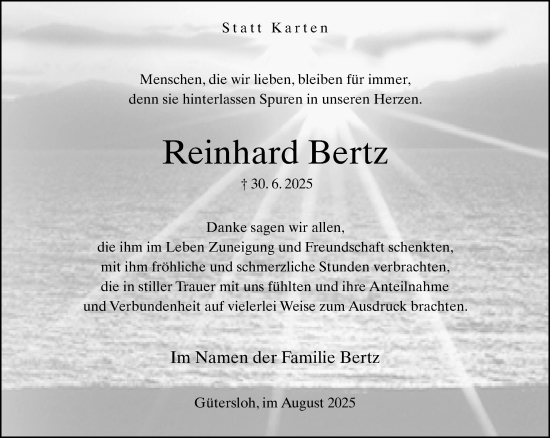 Traueranzeige von Reinhard Bertz von Neue Westfälische und Westfalen-Blatt