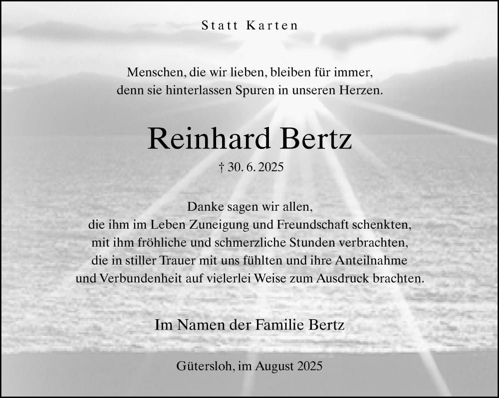  Traueranzeige für Reinhard Bertz vom 09.08.2025 aus Neue Westfälische und Westfalen-Blatt