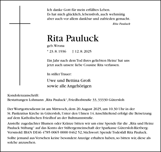 Traueranzeige von Rita Pauluck von Neue Westfälische und Westfalen-Blatt