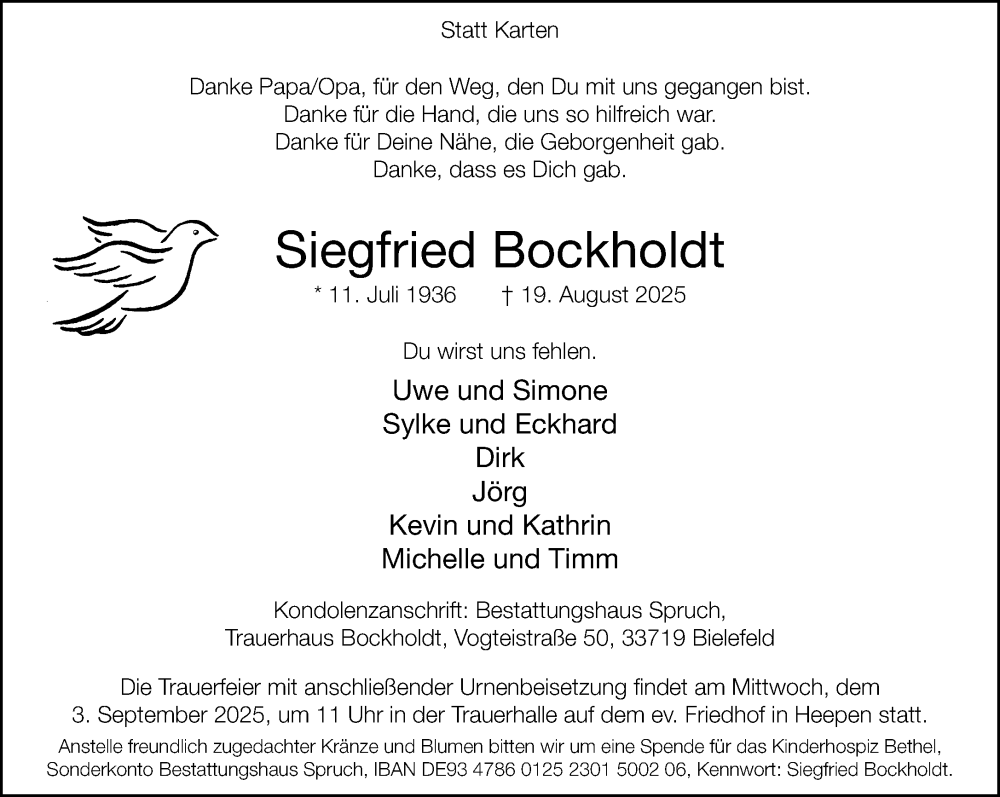  Traueranzeige für Siegfried Bockholdt vom 23.08.2025 aus Neue Westfälische und Westfalen-Blatt