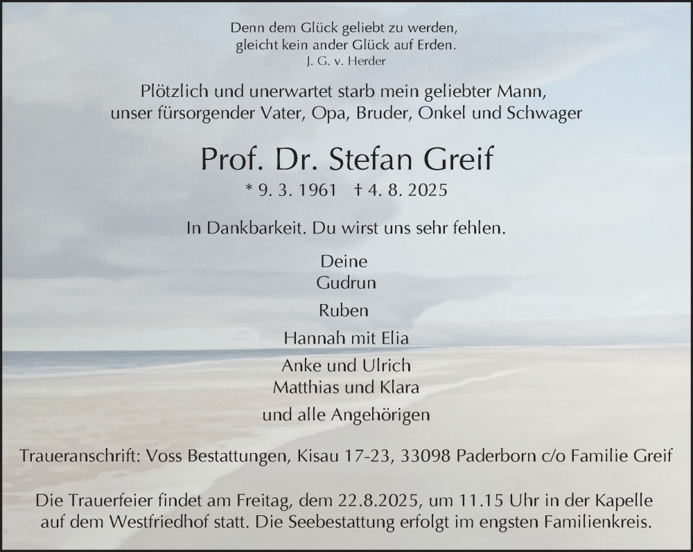  Traueranzeige für Stefan Greif vom 16.08.2025 aus Neue Westfälische und Westfalen-Blatt