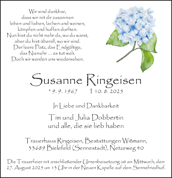 Traueranzeige von Susanne Ringeisen von Neue Westfälische und Westfalen-Blatt