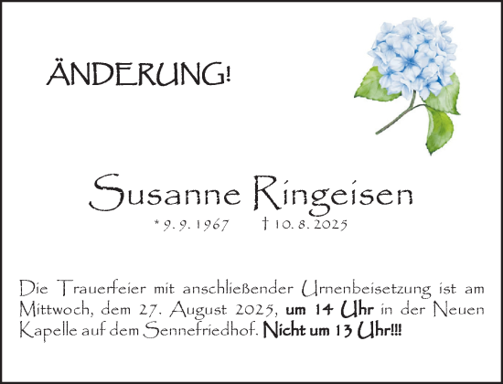 Traueranzeige von Susanne Ringeisen von Neue Westfälische und Westfalen-Blatt