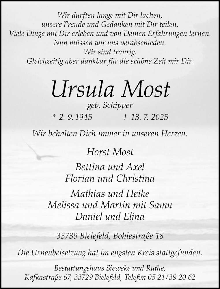  Traueranzeige für Ursula Most vom 02.08.2025 aus Neue Westfälische und Westfalen-Blatt