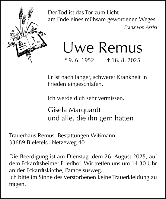 Traueranzeige von Uwe Remus von Neue Westfälische und Westfalen-Blatt