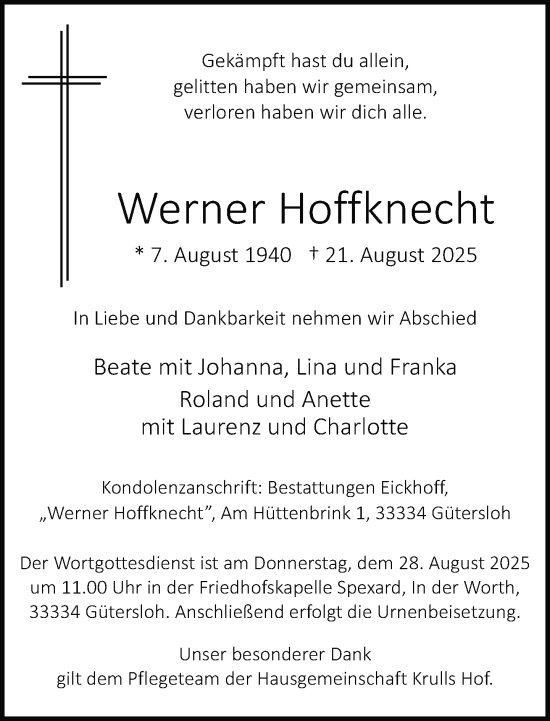 Traueranzeige von Werner Hoffknecht von Neue Westfälische und Westfalen-Blatt