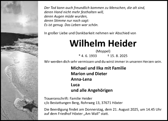 Traueranzeige von Wilhelm Heider von Neue Westfälische und Westfalen-Blatt