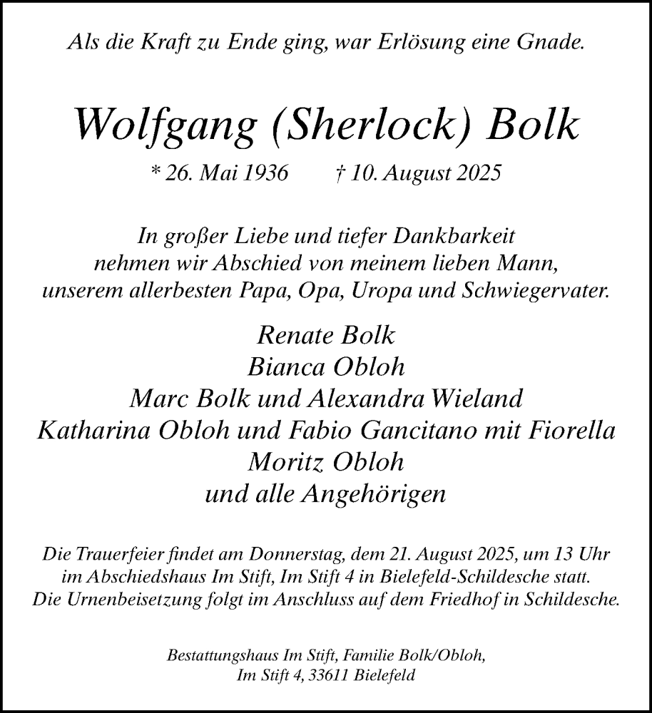  Traueranzeige für Wolfgang Bolk vom 16.08.2025 aus Neue Westfälische und Westfalen-Blatt