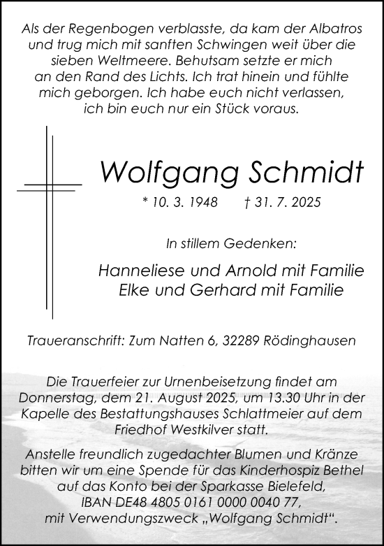 Traueranzeige von Wolfgang Schmidt von Neue Westfälische und Westfalen-Blatt