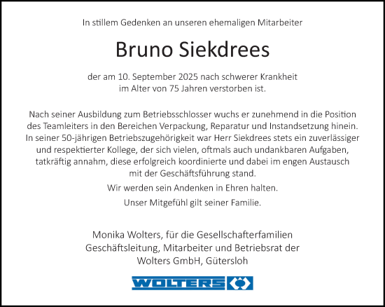 Traueranzeige von Bruno Siekdrees von Neue Westfälische und Westfalen-Blatt