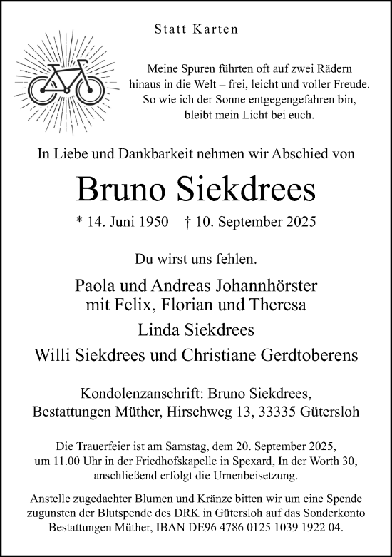 Traueranzeige von Bruno Siekdrees von Neue Westfälische und Westfalen-Blatt