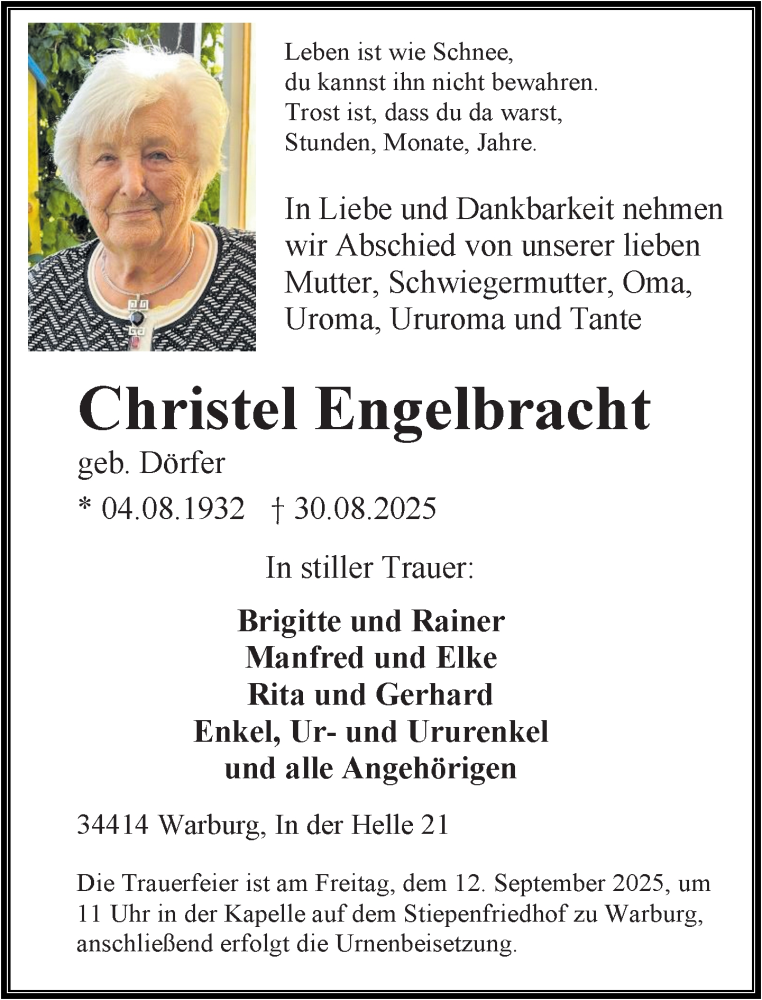  Traueranzeige für Christel Engelbracht vom 06.09.2025 aus Neue Westfälische und Westfalen-Blatt