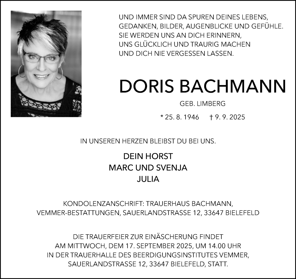  Traueranzeige für Doris Bachmann vom 13.09.2025 aus Neue Westfälische und Westfalen-Blatt