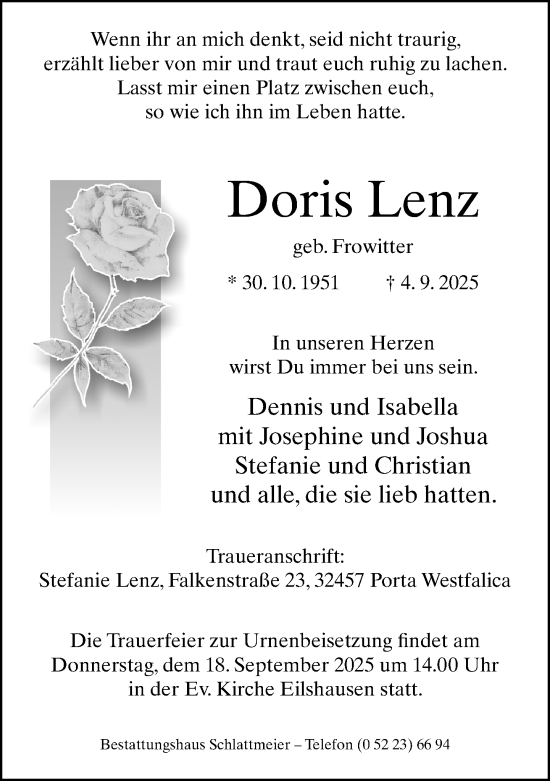 Traueranzeige von Doris Lenz von Neue Westfälische und Westfalen-Blatt