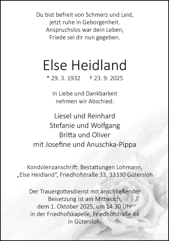 Traueranzeige von Else Heidland von Neue Westfälische und Westfalen-Blatt