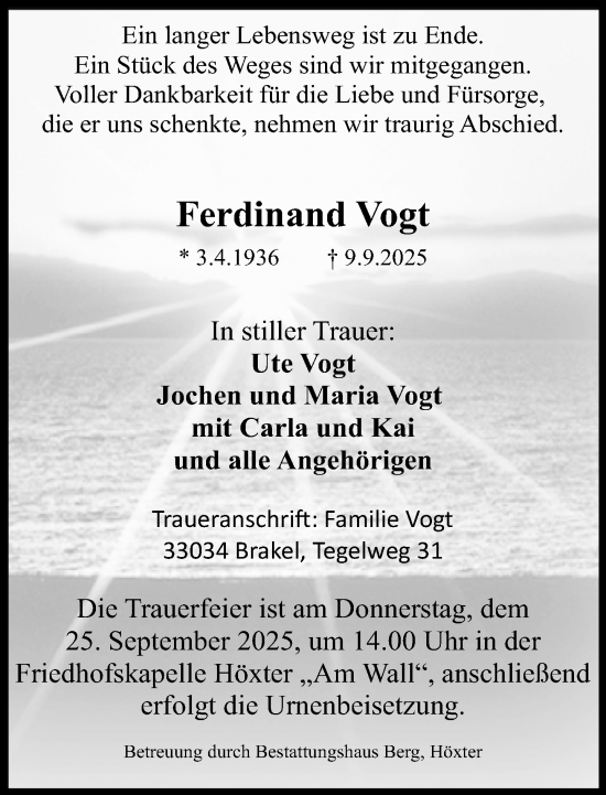 Traueranzeige von Ferdinand Vogt von Neue Westfälische und Westfalen-Blatt