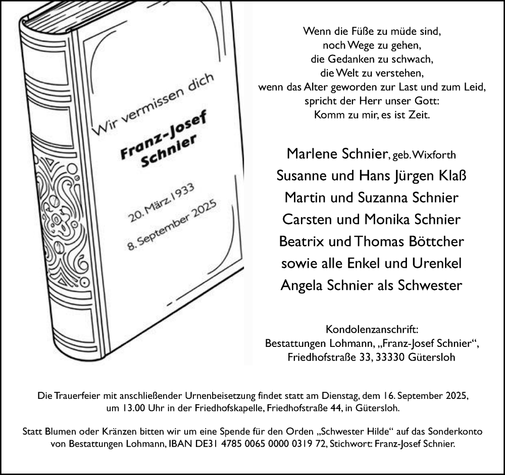  Traueranzeige für Franz-Josef Schnier vom 13.09.2025 aus Neue Westfälische und Westfalen-Blatt