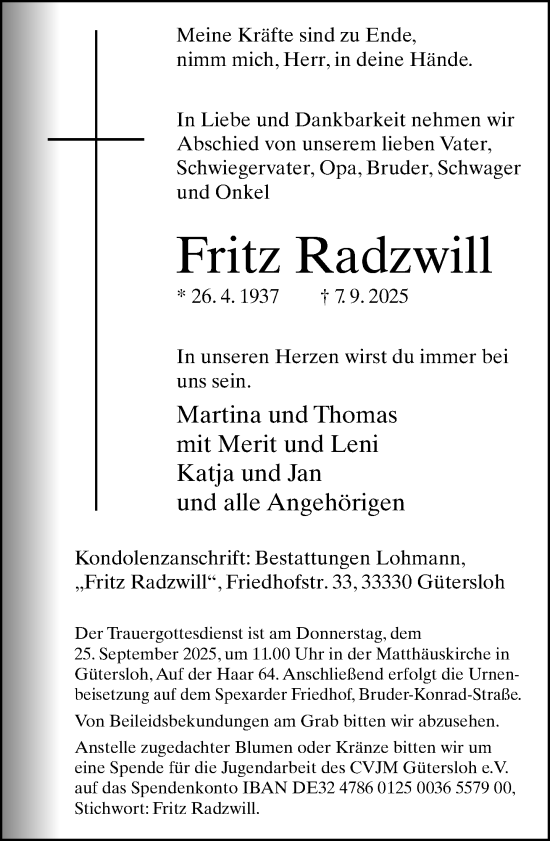 Traueranzeige von Fritz Radzwill von Neue Westfälische und Westfalen-Blatt