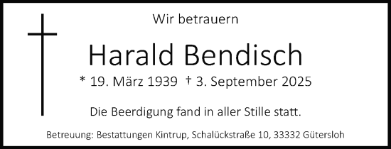 Traueranzeige von Harald Bendisch von Neue Westfälische und Westfalen-Blatt