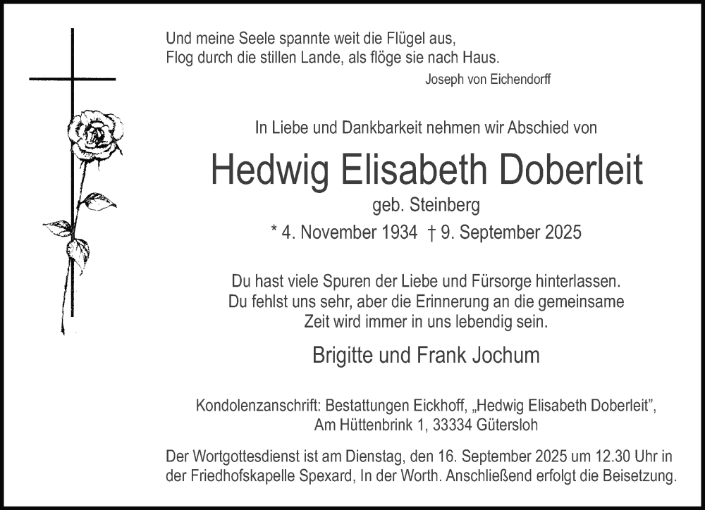  Traueranzeige für Hedwig Elisabeth Doberleit vom 13.09.2025 aus Neue Westfälische und Westfalen-Blatt