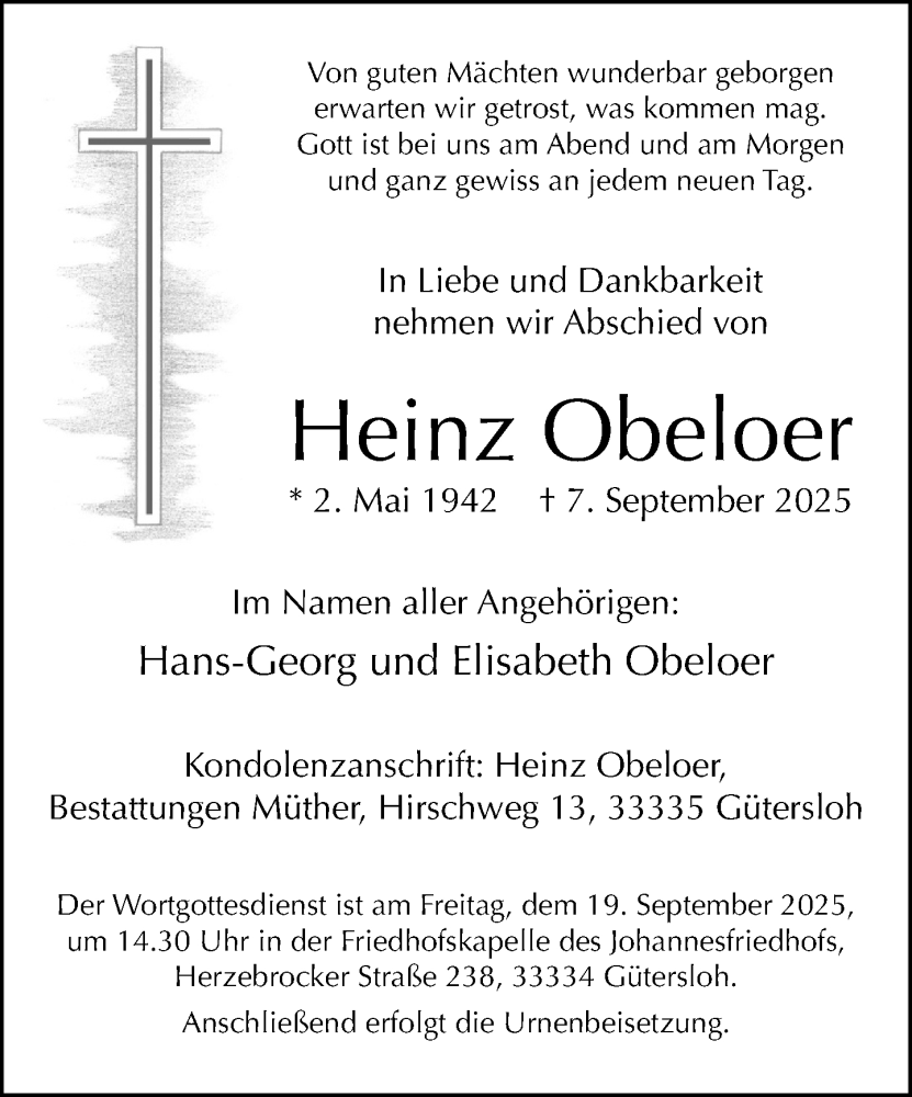  Traueranzeige für Heinz Obeloer vom 13.09.2025 aus Neue Westfälische und Westfalen-Blatt