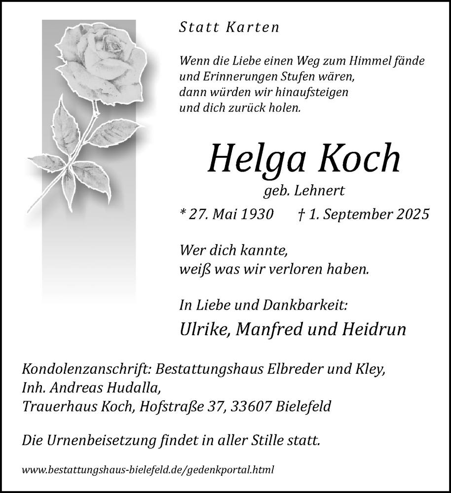  Traueranzeige für Helga Koch vom 06.09.2025 aus Neue Westfälische und Westfalen-Blatt