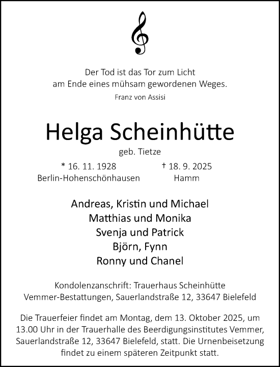 Traueranzeige von Helga Scheinhütte von Neue Westfälische und Westfalen-Blatt