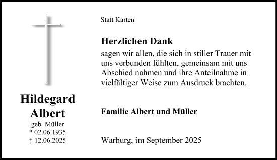 Traueranzeige von Hildegard Albert von Neue Westfälische und Westfalen-Blatt
