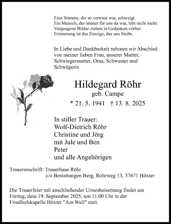 Traueranzeige von Hildegard Röhr von Neue Westfälische und Westfalen-Blatt