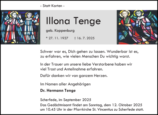 Traueranzeige von Illona Tenge von Neue Westfälische und Westfalen-Blatt