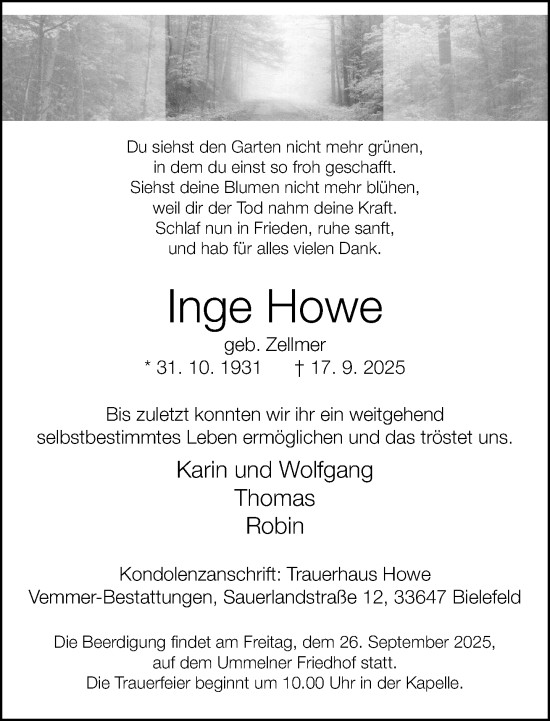 Traueranzeige von Inge Howe von Neue Westfälische und Westfalen-Blatt