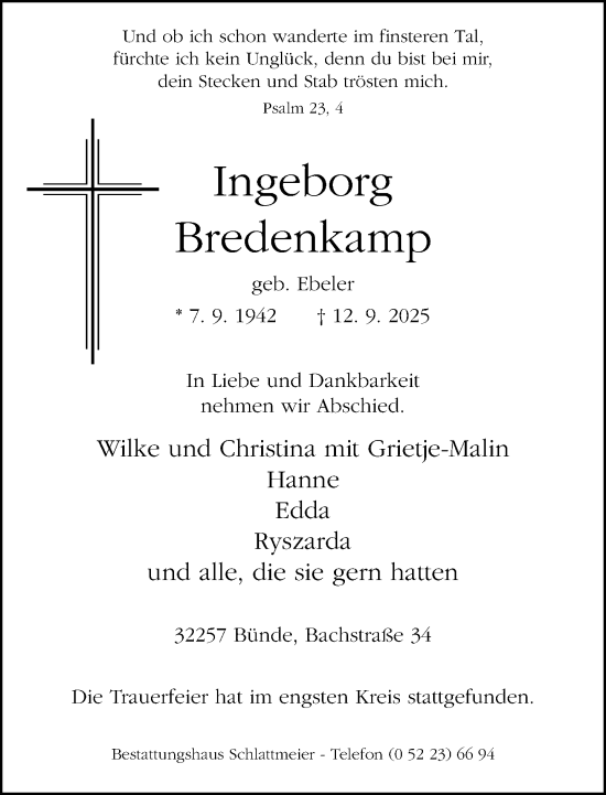 Traueranzeige von Ingeborg Bredenkamp von Neue Westfälische und Westfalen-Blatt