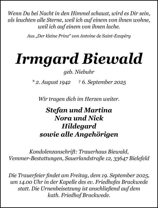 Traueranzeige von Irmgard Biewald von Neue Westfälische und Westfalen-Blatt