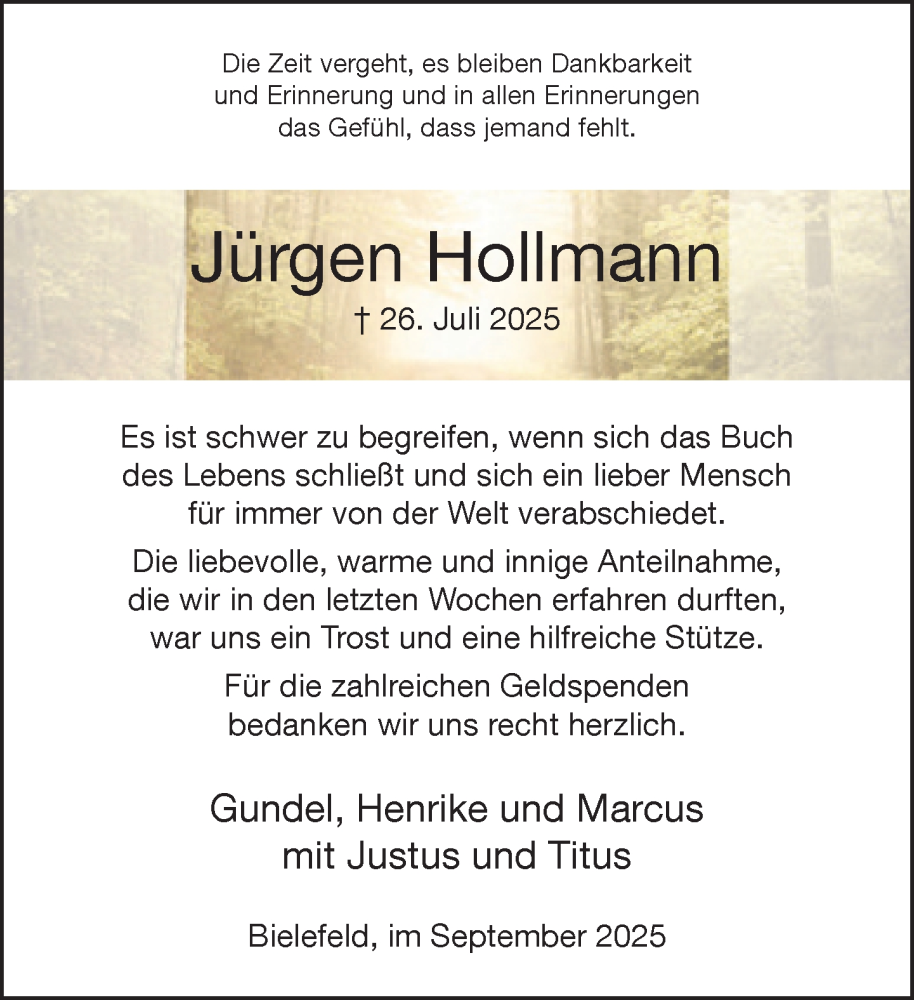  Traueranzeige für Jürgen Hollmann vom 13.09.2025 aus Neue Westfälische und Westfalen-Blatt