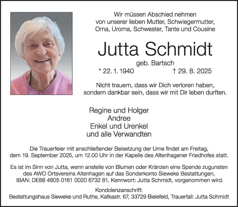  Traueranzeige für Jutta Schmidt vom 13.09.2025 aus Neue Westfälische und Westfalen-Blatt
