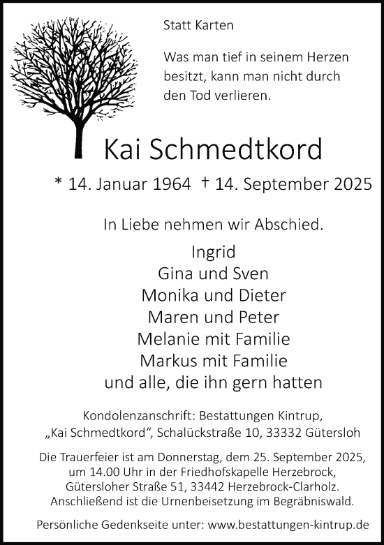 Traueranzeige von Kai Schmedtkord von Neue Westfälische und Westfalen-Blatt