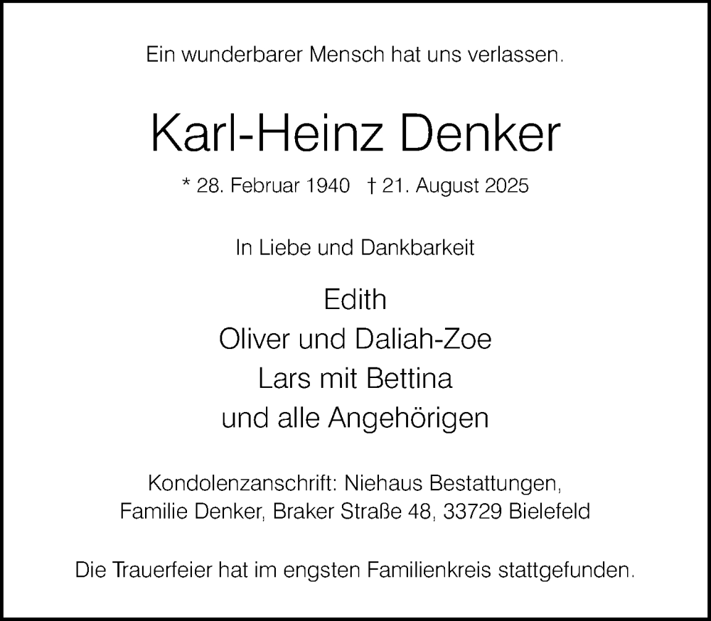  Traueranzeige für Karl-Heinz Denker vom 13.09.2025 aus Neue Westfälische und Westfalen-Blatt