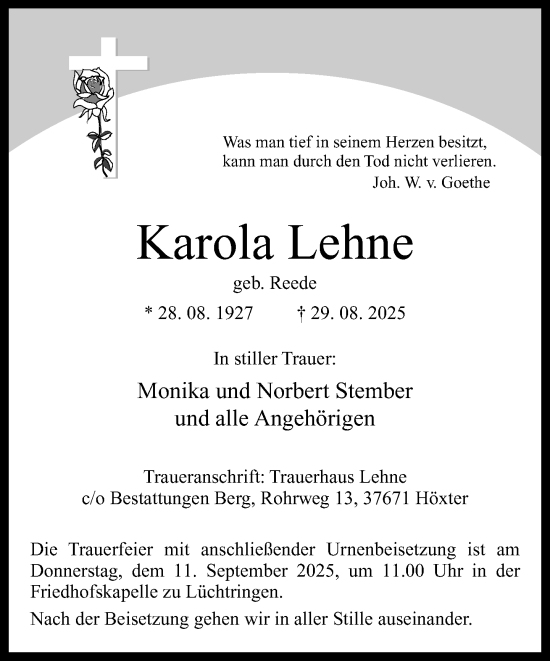 Traueranzeige von Karola Lehne von Neue Westfälische und Westfalen-Blatt