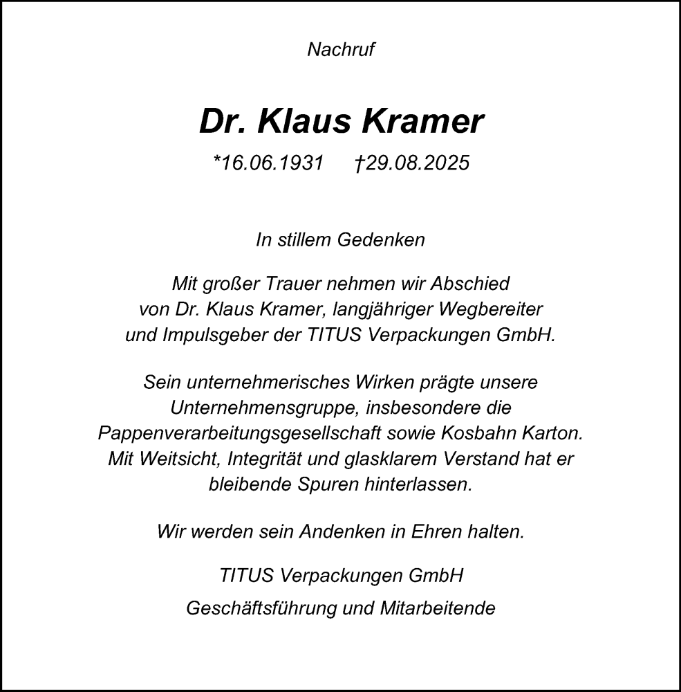  Traueranzeige für Klaus Kramer vom 03.09.2025 aus Neue Westfälische und Westfalen-Blatt
