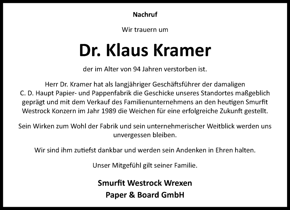  Traueranzeige für Klaus Kramer vom 06.09.2025 aus Neue Westfälische und Westfalen-Blatt