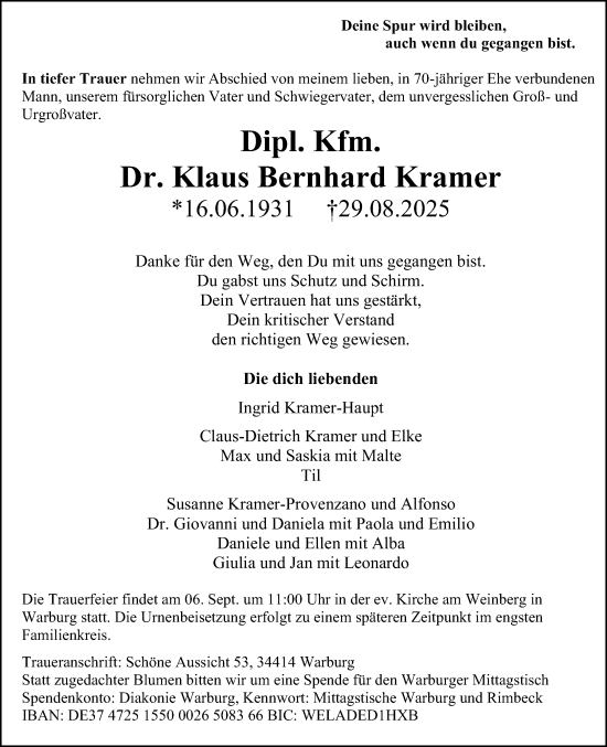 Traueranzeige von Klaus Bernhard Kramer von Neue Westfälische und Westfalen-Blatt