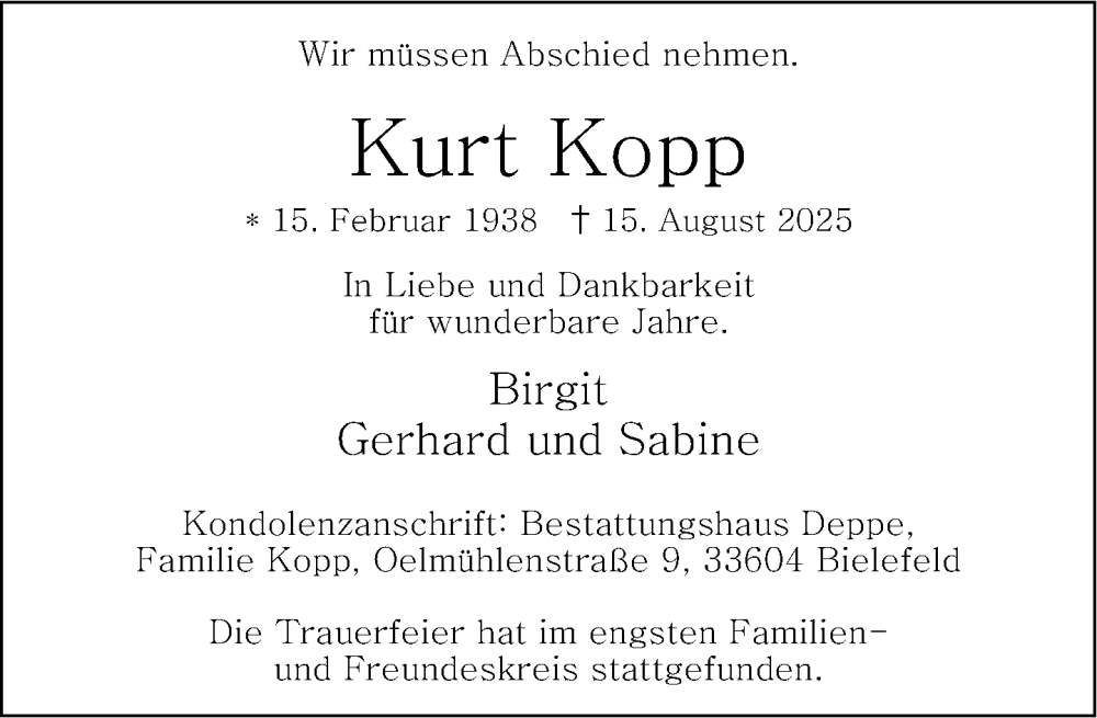  Traueranzeige für Kurt Kopp vom 13.09.2025 aus Neue Westfälische und Westfalen-Blatt
