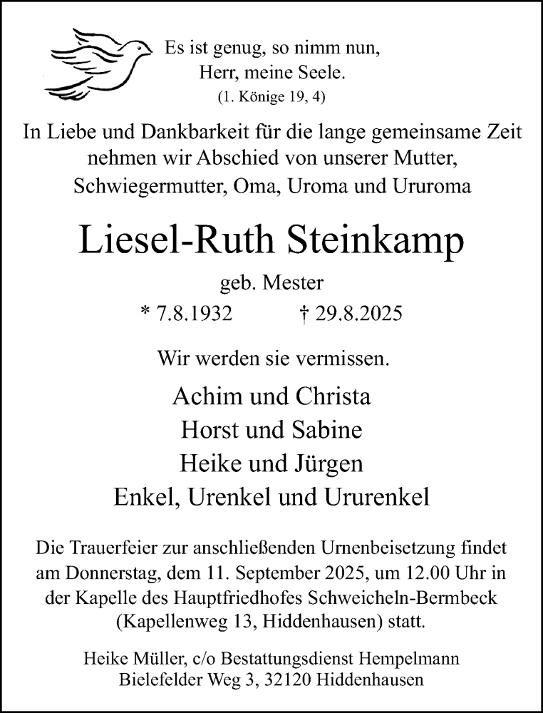  Traueranzeige für Liesel-Ruth Steinkamp vom 06.09.2025 aus Neue Westfälische und Westfalen-Blatt